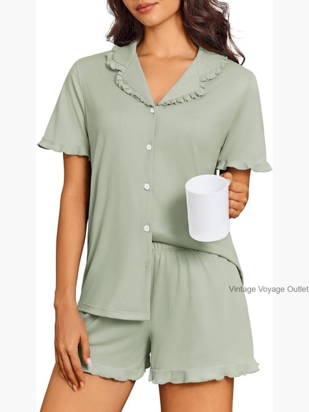 Women Cute Short Sleeve Ruffle Lounge Pajama Set with Pockets
